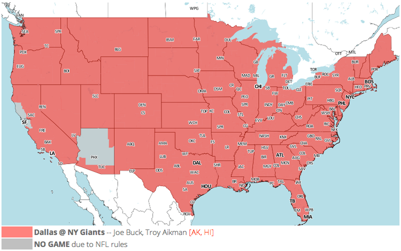 Illustration for article titled Which TV Market's Getting Screwed Today? Your Week 12 NFL Viewing Maps